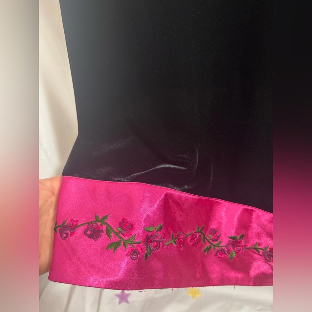 VTG 90s Whimsigoth Black Velvet Magenta Satin Rose Embroidered Maxi Dress Size L - Picture 8 of 16